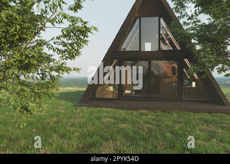 Maison à cadre en a, hutte de maison triangulaire, extérieur dans la nature, maison de loisirs et de voyage, chantier de construction, village de chalets. 3D rendu. eco Banque D'Images