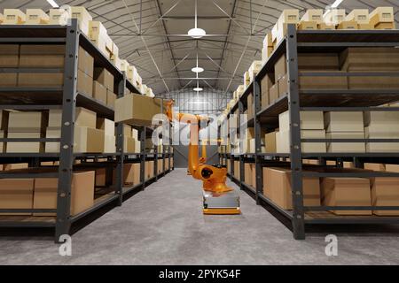 Entrepôt, robots automatiques, chargement et déchargement de boîtes et de marchandises, intelligence artificielle, logistique. Les robots trient et déplacent les boîtes. technologies de Banque D'Images