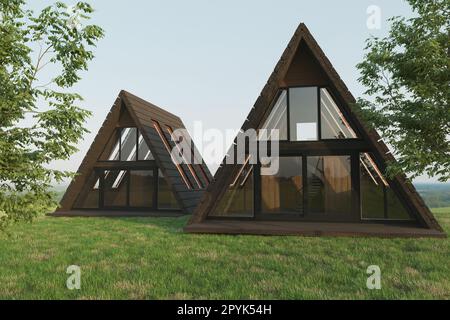 Maison à cadre en a, hutte de maison triangulaire, extérieur dans la nature, maison de loisirs et de voyage, chantier de construction, village de chalets. 3D rendu. Banque D'Images