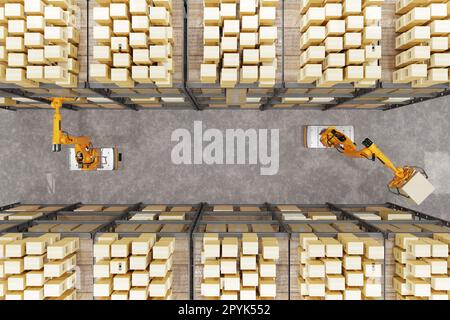 Entrepôt, robots automatiques, chargement et déchargement de boîtes et de marchandises, intelligence artificielle, logistique. Les robots trient et déplacent les boîtes. Vue de dessus Banque D'Images