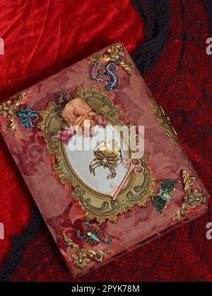 Livre antique de l'époque victorienne avec pierres précieuses colorées ajouté. Livre de contes de fées effrayant avec Scorpion et Bat Banque D'Images