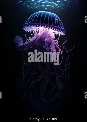 Méduse violette et bleue dansant dans l'océan bleu foncé sous l'eau, méduse potrait sous l'eau dans la mer belle illustration de la faune Banque D'Images
