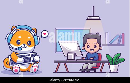 Mignon homme travaillant dans le dessin animé de bureau illustration d'icône vectorielle. concept d'icône de la technologie des personnes isolé Illustration de Vecteur