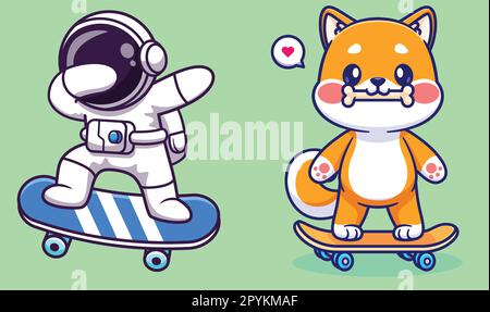 Mignon shiba inu mordant os sur skateboard dessin animé icône illustration animal sport icône isolé Illustration de Vecteur