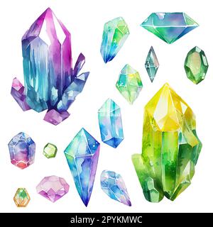 Collection Watercolor Gems. Cristaux semi-recieux. Illustration mystique isolée sur fond blanc Banque D'Images