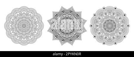 Ensemble Mandala, dessin au trait noir et blanc pour livre de coloriage. Décorations rondes décoratives. Forme de fleur inhabituelle. Illustration de Vecteur