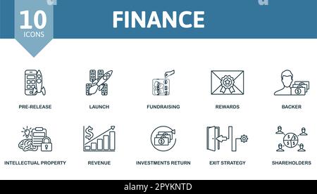 Ensemble de plan financier. Icônes créatives : pré-libération, lancement, collecte de fonds, récompenses, soutien, propriété intellectuelle, revenus, retour sur investissement, sortie Illustration de Vecteur