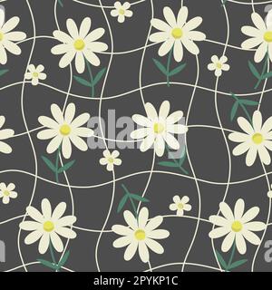 Motif de Marguerite et sans couture sur fond noir. Imprimé groovy avec fleurs sauvages. Illustration vectorielle avec Illustration de Vecteur