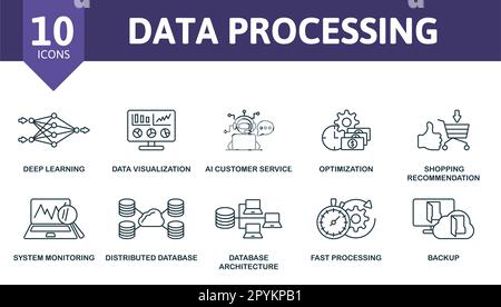 Ensemble de contours de traitement des données. Icônes créatives : apprentissage approfondi, visualisation des données, service client ai, optimisation, recommandation d'achat, système Illustration de Vecteur