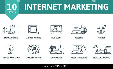 Ensemble de contour de marketing d'Internet. Icônes créatives : marketing par sms, rédaction d'articles, événement en direct, site Web, cible, marketing mobile, marketing viral, e Illustration de Vecteur