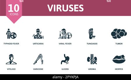 Ensemble de contours de virus. Icônes créatives : fièvre typhoïde, urticaire, fièvre virale, tungiasis, tumeur, vitiligo, varices, ulcères, urémie, herpès. Illustration de Vecteur