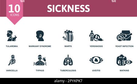 Ensemble de contours de maladie. Icônes créatives : tularémie, syndrome de la warkany, verrues, yersiniose, infection de levure, varicelle, typhus, tuberculose, uvéite Illustration de Vecteur