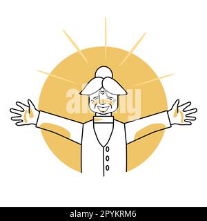 Bonne vieille femme, émotion du bonheur, expression faciale avec gestes. Grand-mère joyeuse aux cheveux blancs, exprimant ses sentiments heureux. Vét. Jaune Illustration de Vecteur