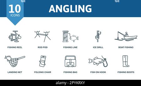 Ensemble de contours orientable. Icônes créatives : rabatteur de pêche, podomètre, ligne de pêche, exercice sur glace, pêche en bateau, filet d'atterrissage, chaise pliante, sac de pêche, poisson Illustration de Vecteur