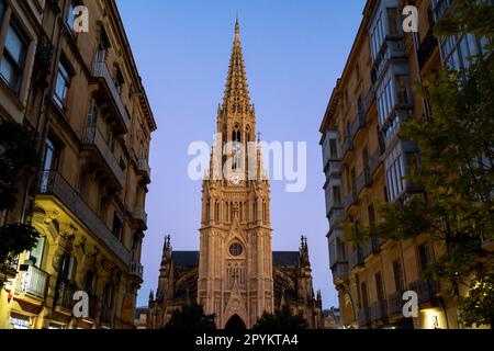 Vue sur le « bon berger de la cathédrale de San Sebastián », la nuit. Belle église catholique située dans le centre de la ville. Style néo-gothique. Banque D'Images