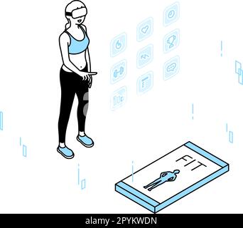 VR fitness, femme portant des lunettes VR et manipulant des panneaux dans l'air, Vector Illustration Illustration de Vecteur