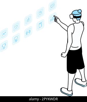 Hommes touchant l'icône de menu dans les airs, application de fitness VR, portant des lunettes VR, illustration Vector Illustration de Vecteur