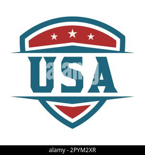 Puissant logo USA Shield. Emblème patriotique américain. Symbole drapeau USA de l'équipe sportive. Éléments graphiques bleus, rouges et blancs. Trois étoiles. Vecteur Illustration de Vecteur