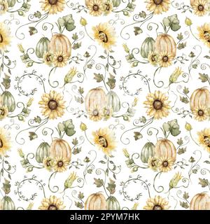 Citrouille et tournesol à motif aquarelle dessiné à la main, sans couture. Feuilles de papier de fleurs d'automne. Magnifique imprimé textile Banque D'Images