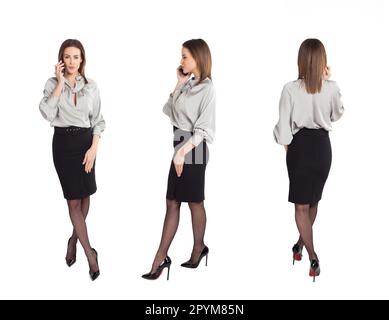 30s femme d'affaires appelant, face, côté, vue arrière, isolé sur blanc Banque D'Images