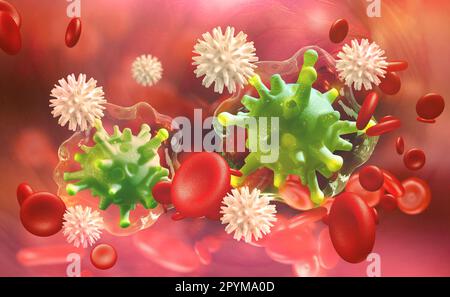 Grippe et rhume. Les leucocytes attaquent le virus. Immunité du corps. 3D illustration germes et cellules sanguines Banque D'Images