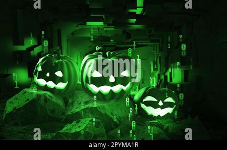 Fête d'Halloween dans le style cyberpunk. Tête de citrouille dans l'illustration du cyberespace 3D Banque D'Images