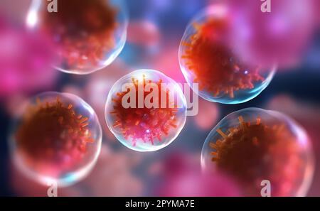 Cellules du corps sous microscope. Virus dans le corps. Recherche de cellules souches. Thérapie cellulaire et régénération. 3d illustration sur un système médical Banque D'Images