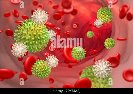 Les leucocytes attaquent l'infection virale dans le sang. 3D illustration de la recherche médicale Banque D'Images