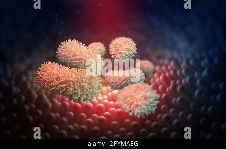 Parasites dans les intestins. Indigestion, germes, infection et virus dans le corps. Parois intestinales et inflammation virale au microscope. 3D illustrationratio Banque D'Images