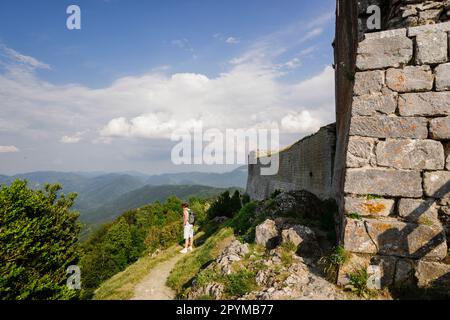 castillo de Montsegur, siglo XIV, castillo cátaro, monte PoG , Ariège, pirineos orientales,Francia, europa Banque D'Images