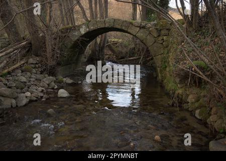 petit vieux pont en pierre sur petite rivière en hiver horizontal Banque D'Images