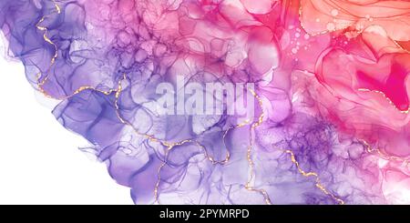 Alcool encre art résumé fond et décoration d'or pour l'été. Style agate violet et rose. Modèle horizontal avec fond blanc. Romantique a Banque D'Images