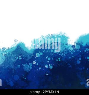 Modèle carré abstrait Art fluide acrylique. Bleu foncé. Concept de mer, vagues et eau. Motif en marbre sur fond blanc. Texture des cellules Banque D'Images