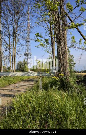 Sentier de terre avec une barre au début de celle-ci et un mât radio en arrière-plan derrière les arbres lors d'une journée ensoleillée dans la campagne italienne Banque D'Images