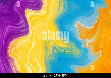 Texture rugueuse. Illustration d'arrière-plan abstraite avec motif en marbre. Violet, jaune, bleu clair et orange. Particules de boiteux colorées Banque D'Images