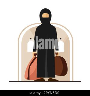 Femme arabe réfugiée. Illustration abstraite. Sur le fond des portes de l'abri de la bombe. Échapper au pays, se cacher de la guerre Illustration de Vecteur