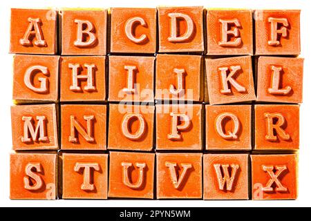 Timbres en caoutchouc avec poignée en bois. l'alphabet Banque D'Images