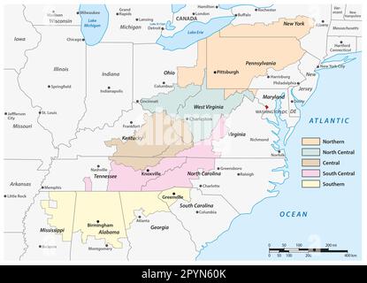 Carte administrative de la région des Appalaches dans l'est des États-Unis Banque D'Images