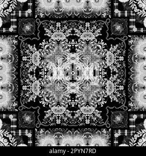 Motif fleuri folk en dentelle noire et blanche complexe avec un style féminin élégant. Imprimé foulard rétro à effet monochrome et motif dentelle. Banque D'Images