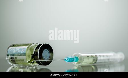 Un rendu 3D d'une seringue et d'un flacon d'un vaccin sur fond gris solide Banque D'Images
