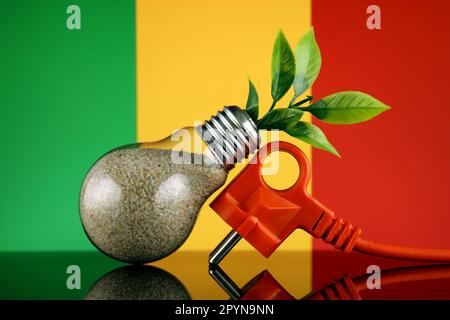 Bouchon, plante poussant à l'intérieur de l'ampoule et drapeau du Mali. Concept d'énergie renouvelable écologique. Banque D'Images