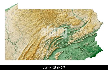L'État américain de Pennsylvanie. Rendu 3D très détaillé de la carte de relief ombré avec les plans d'eau. Coloré par élévation. Créé avec des données satellite. Banque D'Images