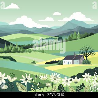 Arrière-plan paysage de la Maison de fleurs de Fields Hills Illustration de Vecteur
