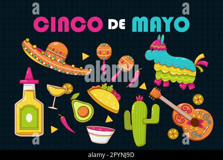 Cinco de Mayo, une fête fédérale au Mexique. Fiesta affiche et vecteur bannière éléments de conception avec guitare, cactus, chapeau, pinata, tequila et taco Illustration de Vecteur