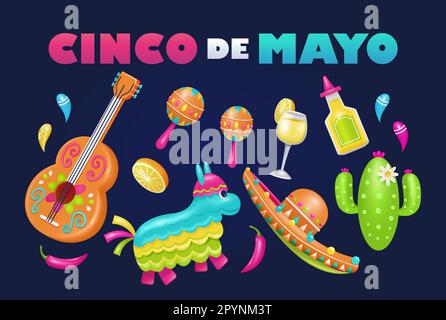 Cinco de Mayo, une fête fédérale au Mexique. Fiesta affiche et bannière design éléments 3D vecteur avec guitare, cactus, chapeau, pinata et tequila Illustration de Vecteur