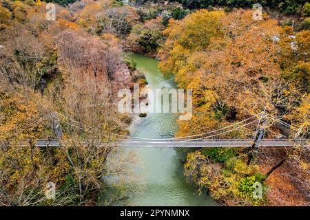 Vue aérienne (drone) du pont suspendu au-dessus de la rivière Pineios, vallée de Tempi (ou « Tempe »), Larissa, Thessalie, Grèce. Banque D'Images