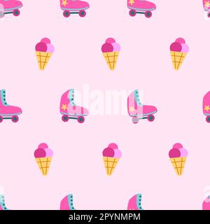 Barbiecore jouet rose chaud patins à roulettes et icarame vecteur sans couture motif Barbie poupée thème fond d'écran coloré Illustration de Vecteur