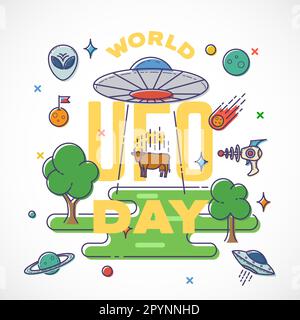 Modèle d'étiquette de carte de vœux vectorielle abstraite pour la Journée mondiale des OVNIS. Alien Spaceship Cow Abduction Flat Graphics Illustration avec Aliens face, Blaster Gun Illustration de Vecteur