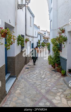 Deux femmes vues de derrière marchant dans une rue piétonne typique de Castril, Grenade (Espagne) avec des pots de fleurs sur les côtés Banque D'Images