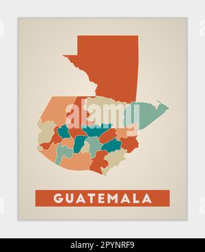 Affiche Guatemala. Carte du pays avec des régions colorées. Forme du Guatemala avec nom de pays. Illustration vectorielle attrayante. Illustration de Vecteur